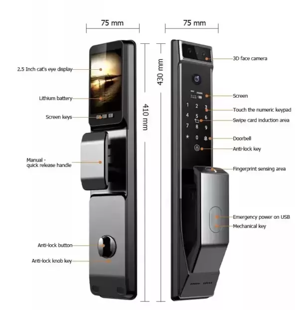 Smart 3D Face Recognition lock with WIFI Aluminium Door Lock - Image 2
